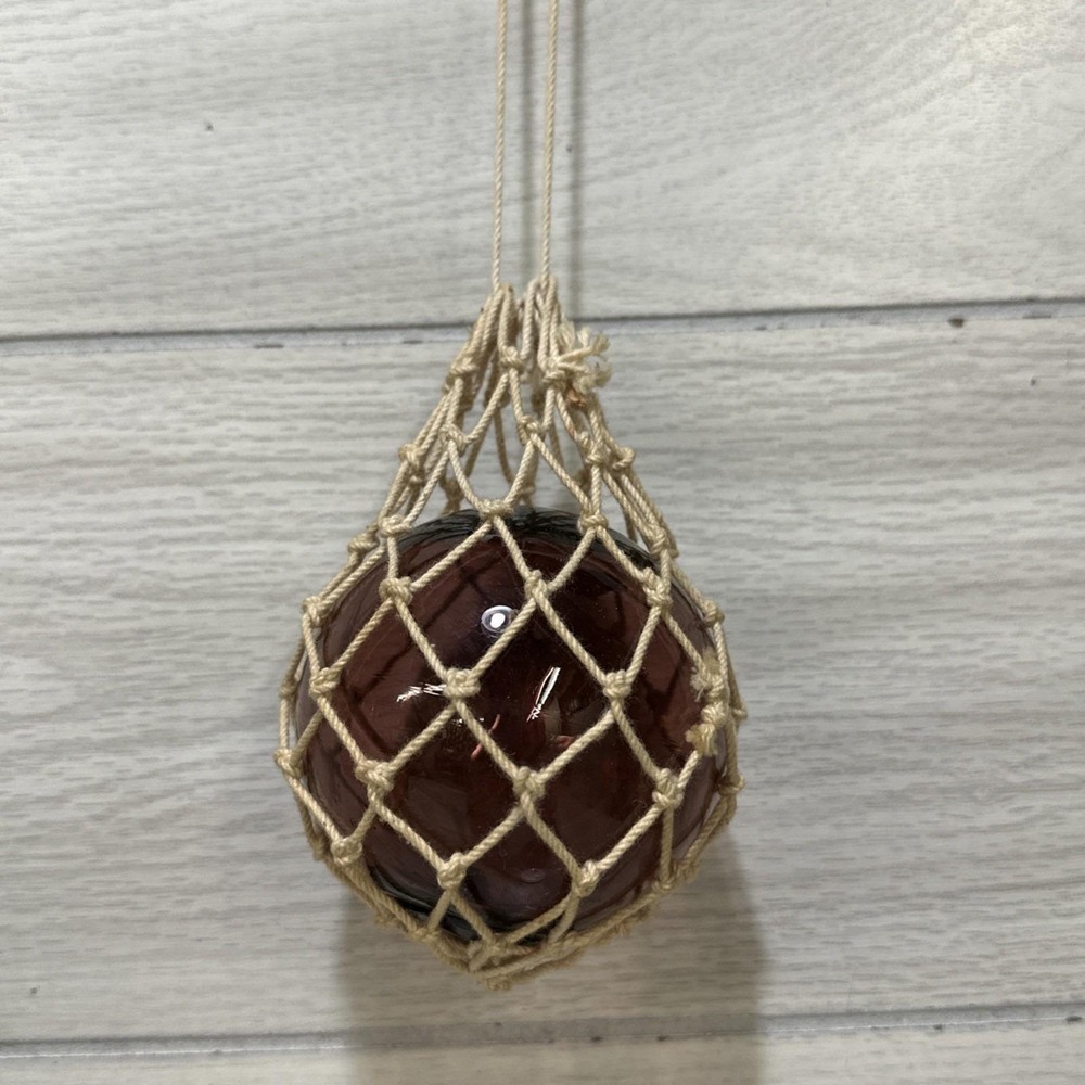 Vintage Japan 1960sHand Blown 3" Glass Fishing Float Buoy w/ 12" Netting Plum